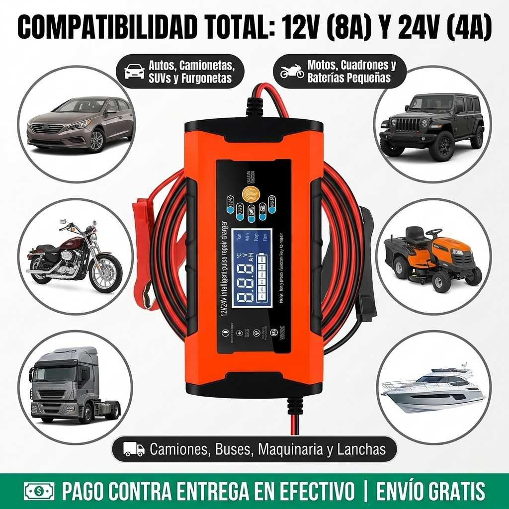 VoltPro 360™ - Cargador y Reparador Inteligente de Baterías 12V/24V (8A) con Pantalla LC