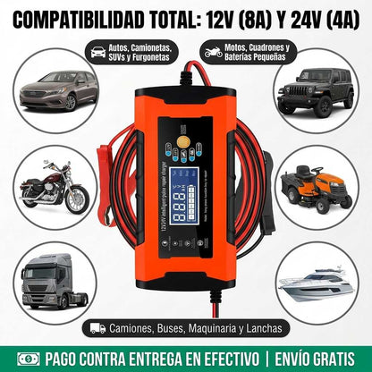 VoltPro 360™ - Cargador y Reparador Inteligente de Baterías 12V/24V (8A) con Pantalla LC