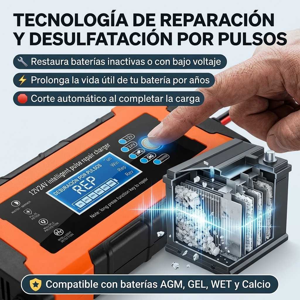 VoltPro 360™ - Cargador y Reparador Inteligente de Baterías 12V/24V (8A) con Pantalla LC