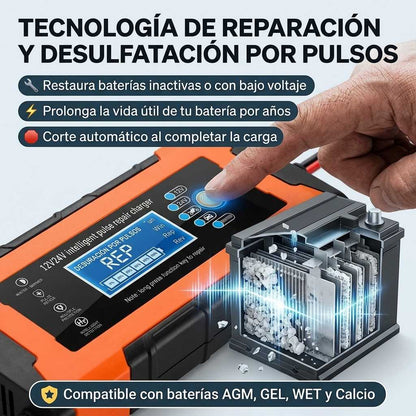 VoltPro 360™ - Cargador y Reparador Inteligente de Baterías 12V/24V (8A) con Pantalla LC