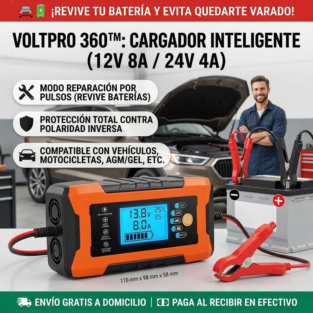 VoltPro 360™ - Cargador y Reparador Inteligente de Baterías 12V/24V (8A) con Pantalla LC