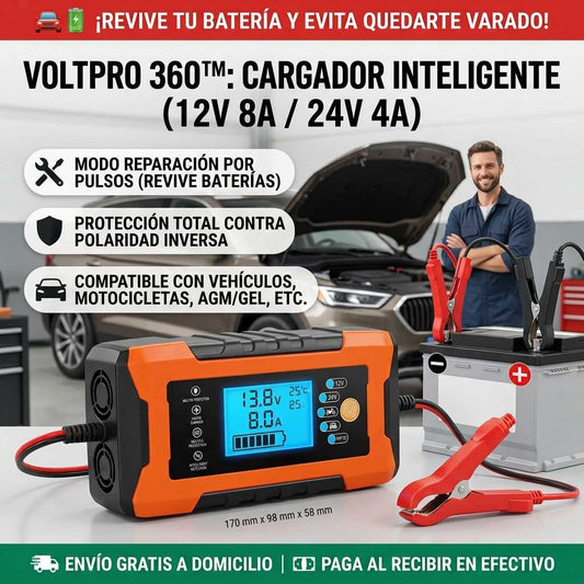 VoltPro 360™ - Cargador y Reparador Inteligente de Baterías 12V/24V (8A) con Pantalla LC